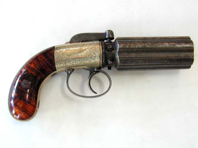 A Cased English Six Shot Percussion PEPPERBOX Revolver circa 1860 With All Original Accessories