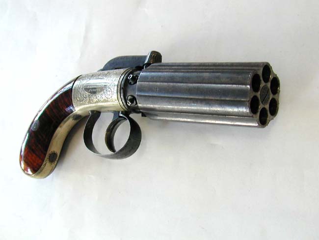 A Cased English Six Shot Percussion PEPPERBOX Revolver circa 1860 With All Original Accessories — image 4