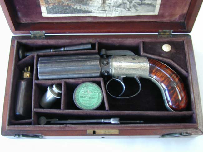 A Cased English Six Shot Percussion PEPPERBOX Revolver circa 1860 With All Original Accessories — image 2