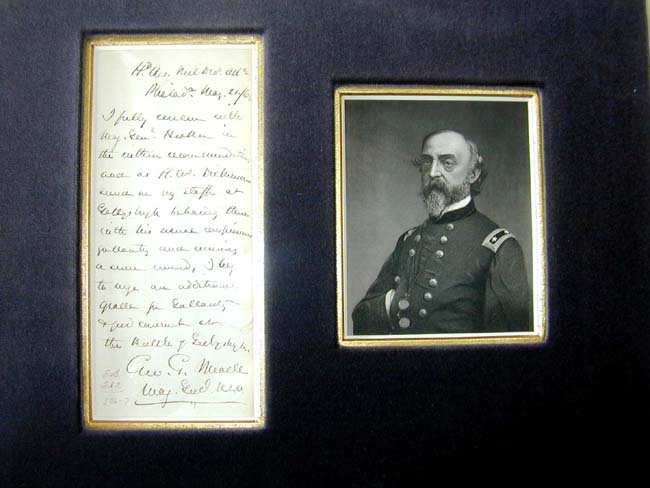 A Letter signed by Civil War Maj. Genl. George Meade Recommending a Staff Officer for Gallantry 