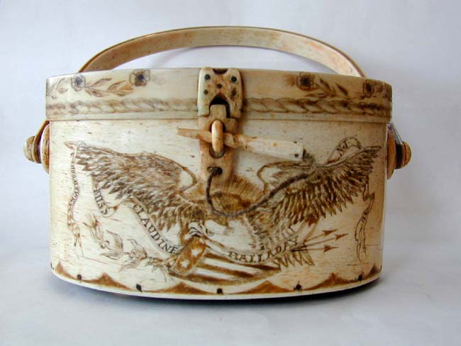 A Fantastic Scrimshawed Whalebone and Whale Ivory Oval Lidded Ladies "Ditty Box" Purse Circa 1950 — image 2