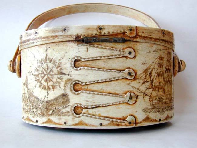 A Fantastic Scrimshawed Whalebone and Whale Ivory Oval Lidded Ladies "Ditty Box" Purse Circa 1950