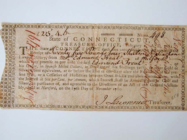 A Revolutionary War Note Payable issued Feb. 1781 by the State of Connecticut Treasury Office