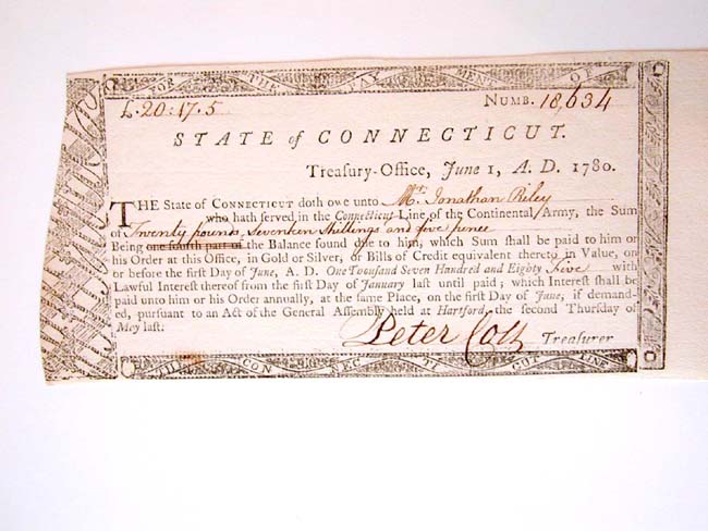 A Fine Uncancelled Revolutionary War Note Payable to Jonathan Riley, Commander of the Privateer 'HERO'