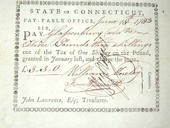 A Revolutionary War Note issued By the State of Connecticut to the Town of GLASTONBURY