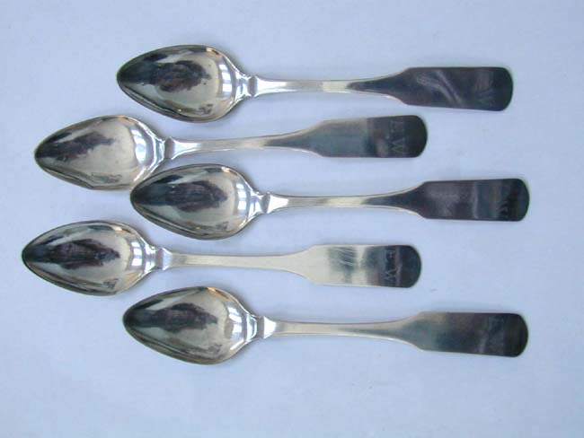 A Set of 5 American Coin Silver Teaspoons signed 'R. Koch' circa 1820-1830