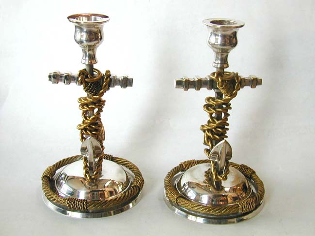 A Pair of Silver Plated and Gilt Brass Nautical Motif Candlesticks circa 1900