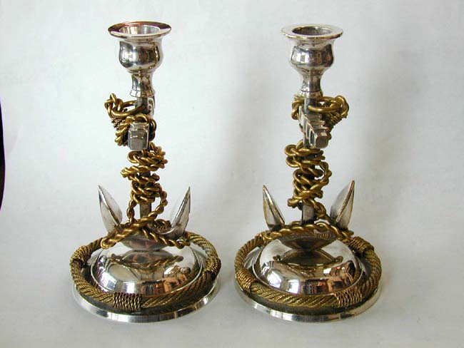 A Pair of Silver Plated and Gilt Brass Nautical Motif Candlesticks circa 1900 — image 2